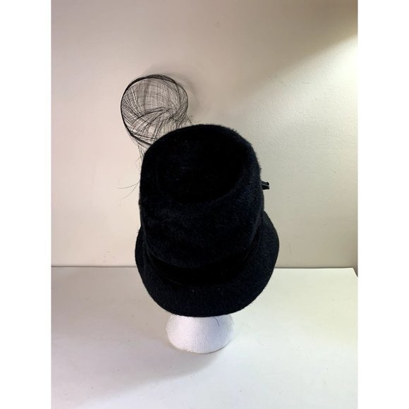 Vintage 40s Wool Cloche Bell Hat Velvet Trim Feather Black main image 7